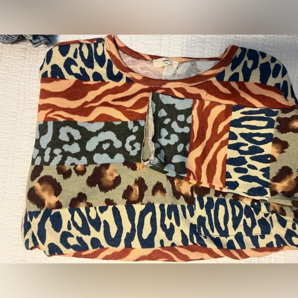 Brown and Blue Crew Neck Sweater with Animal Print
